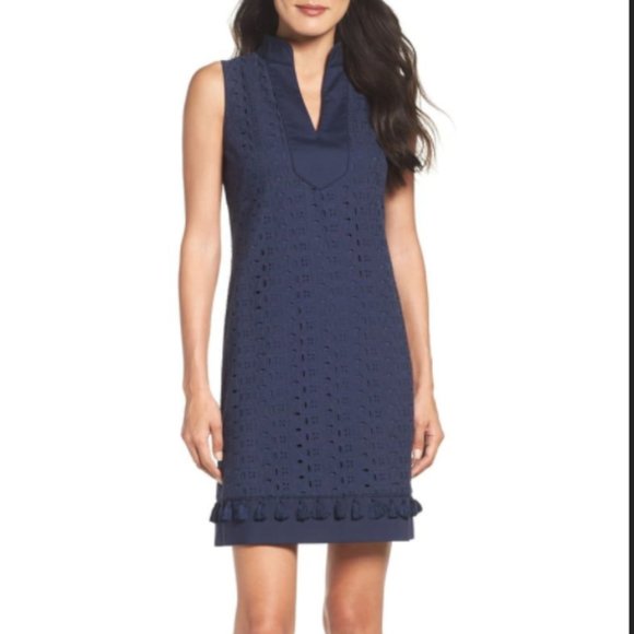 Eliza J Mandarin Collar Lace Shift Dress in Navy